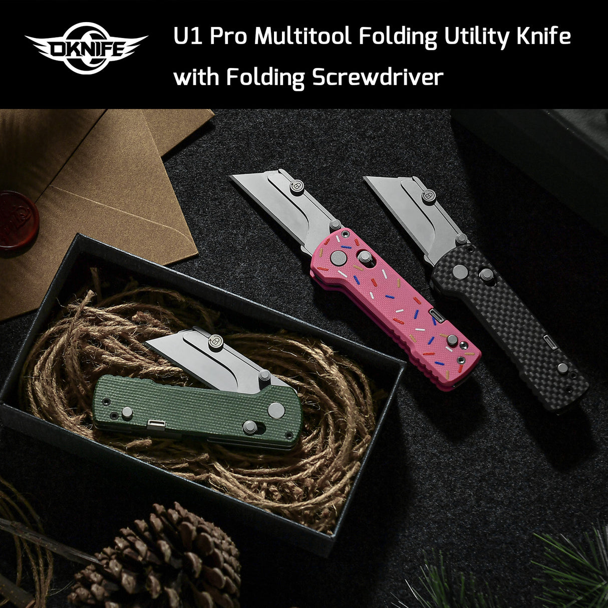 U1 Pro Green Micarta Multitool Folding Utility Knife with Folding Screwdriver
