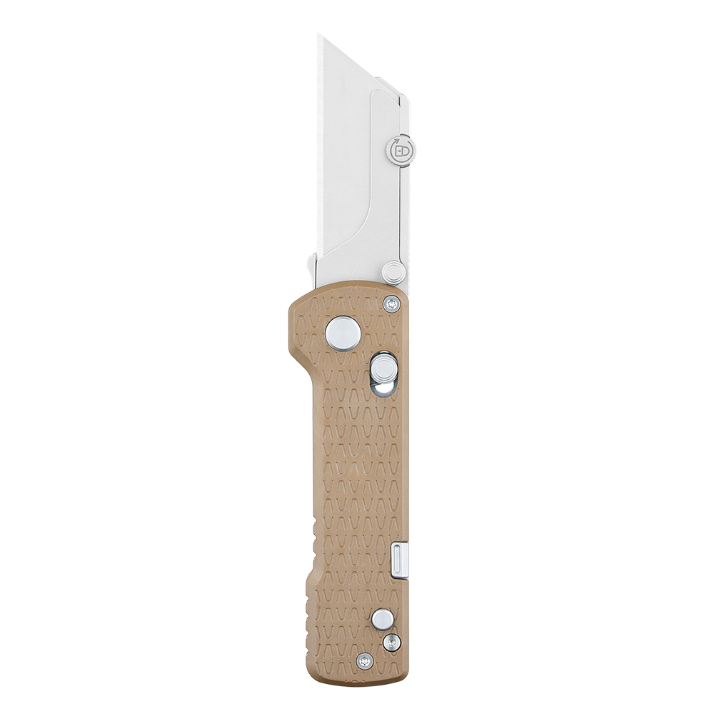 Folding knife with a beige handle on a white background