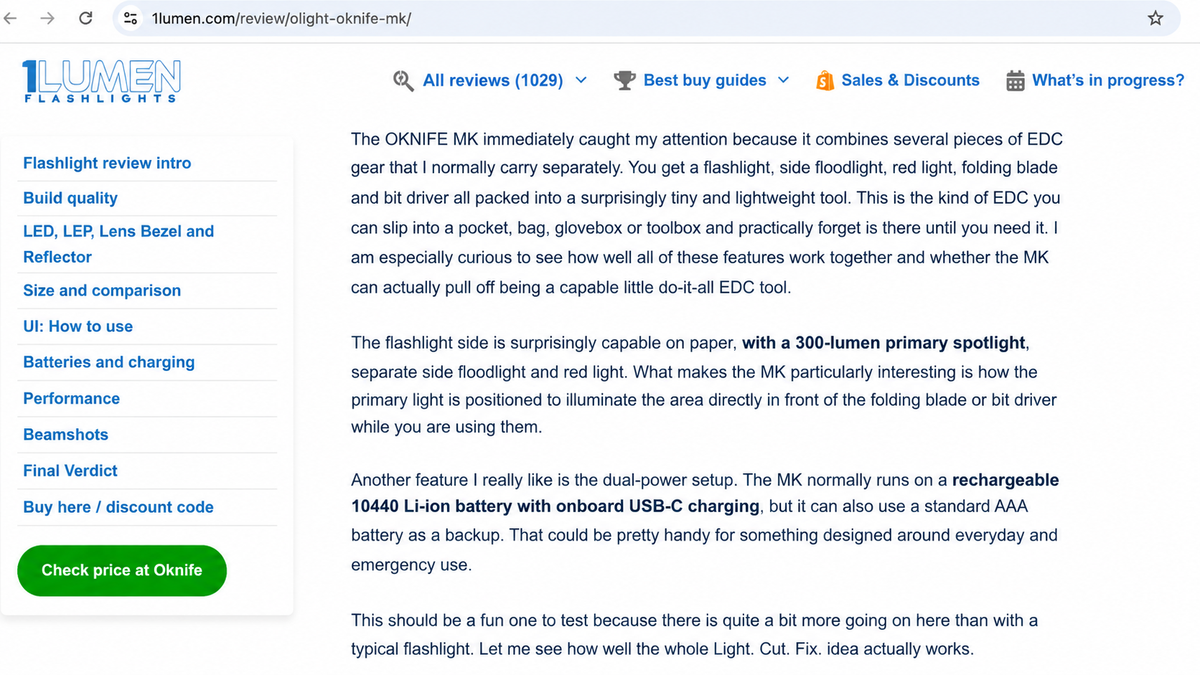 OKNIFE MK Earns a 5-Star Rating from 1Lumen