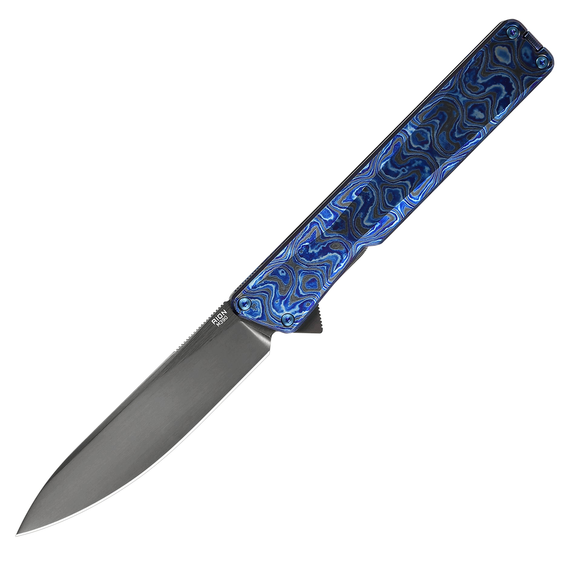 AIONZirconiumDamascusM390BladeFlipperFoldingPocketKnife